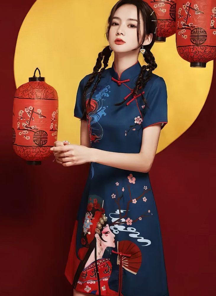 Cheongsam Corto Azul Marino con Motivos de Opera China y Flores Rojas Mangas Cortas y Cuello Mandarin