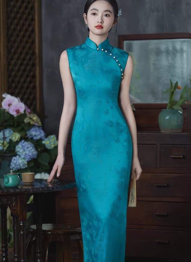 Cheongsam Largo con Motivos Florales Jacquard Sin Mangas y Cuello Mandarin