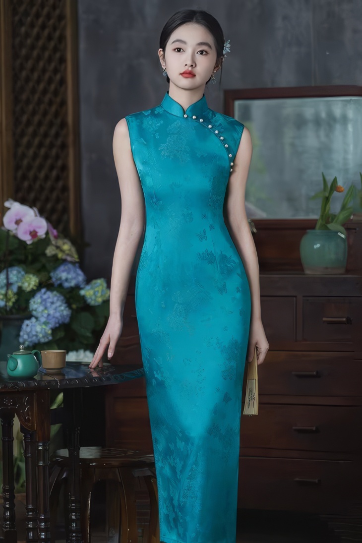Cheongsam Largo con Motivos Florales Jacquard Sin Mangas y Cuello Mandarin