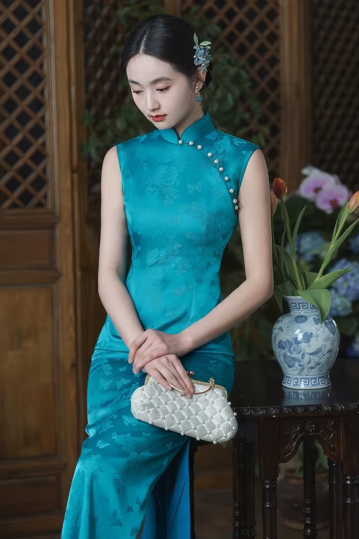 Cheongsam largo sin mangas color azul turquesa con motivos florales jacquard y cuello mandarin, detalle de botones laterales