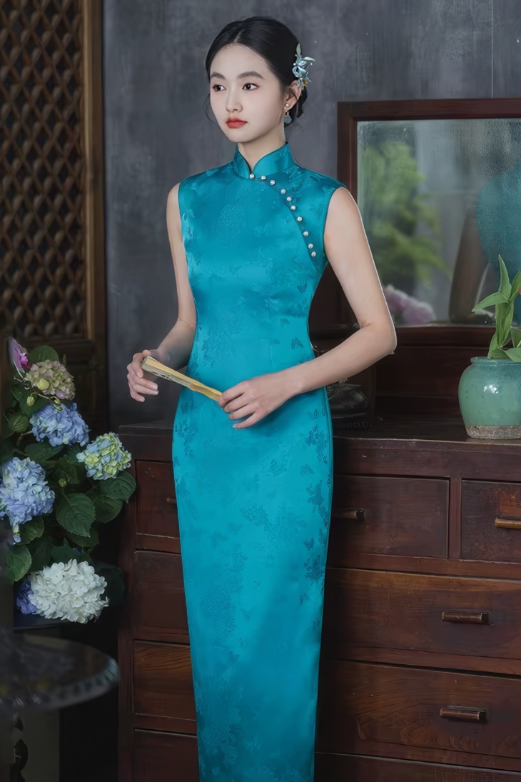 Cheongsam largo sin mangas color turquesa con motivos florales jacquard y cuello mandarin, vista frontal de la prenda ajustada
