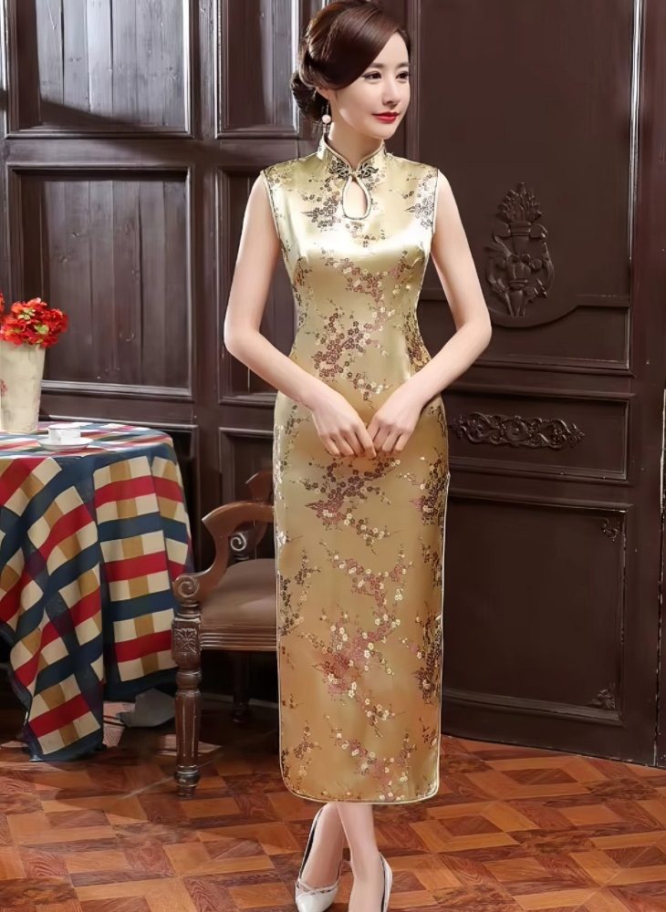 Qipao Largo Caqui de Saten con Motivos Florales Multicolor Sin Mangas y Cuello Mandarin