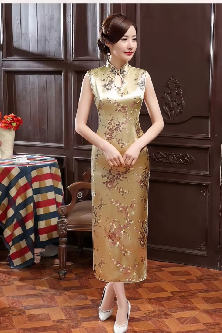 Qipao Largo Caqui de Saten con Motivos Florales Multicolor Sin Mangas y Cuello Mandarin