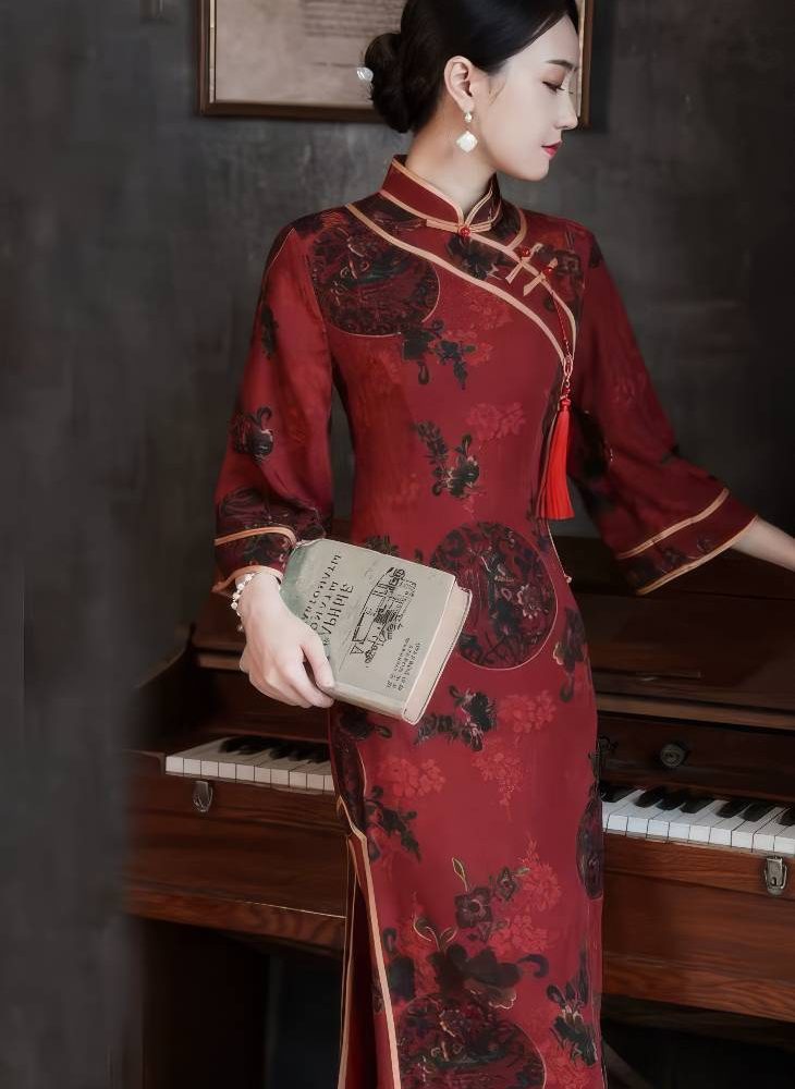 Qipao Largo con Motivos Florales Vintage Mangas Tres Cuartos y Cuello Mandarin