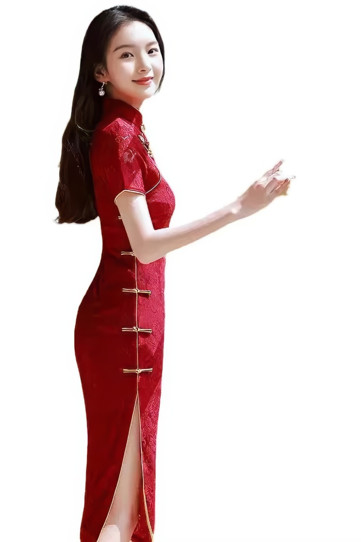 Qipao largo rojo burdeos de encaje con cuello mandarin y mangas cortas vista lateral con abertura en la falda