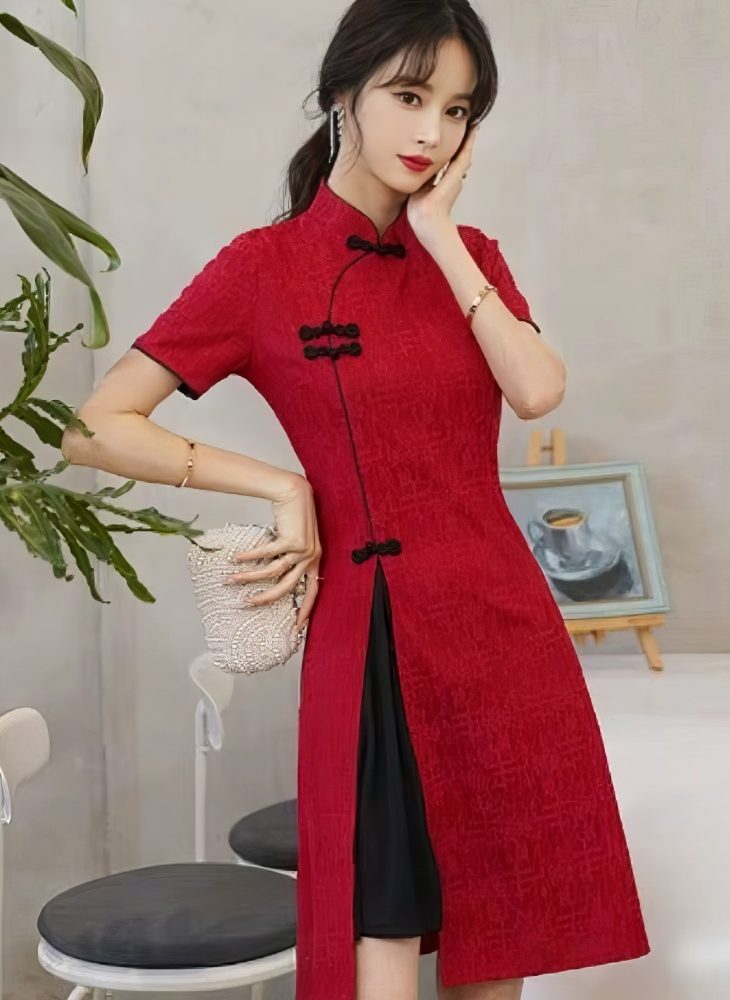 Qipao Midi Bicolor con Abertura Cuello Mandarin y Mangas Cortas