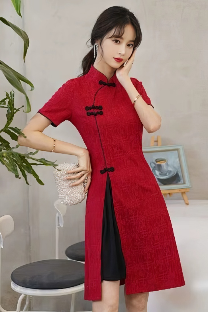 Qipao Midi Bicolor con Abertura Cuello Mandarin y Mangas Cortas