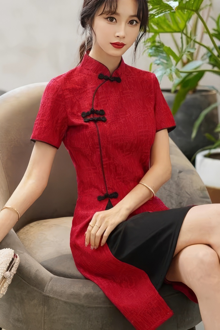 Qipao midi bicolor rojo y negro con abertura, cuello mandarin y mangas cortas, detalle de botones tradicionales