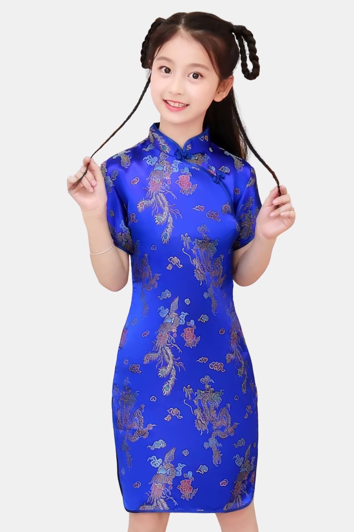 Vestido chino tradicional para niña azul con motivos de dragón y fénix y mangas cortas