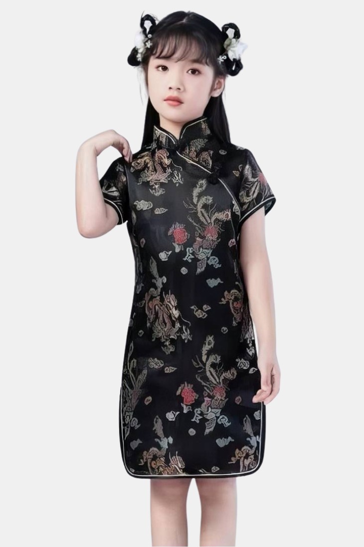 Vestido chino tradicional para niña negro con motivos de dragón y fénix en mangas cortas