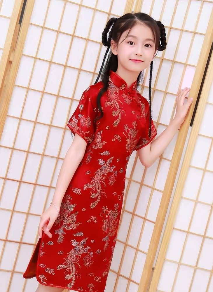 Vestido Chino Tradicional para Niña con Motivos de Dragon y Fenix Mangas Cortas