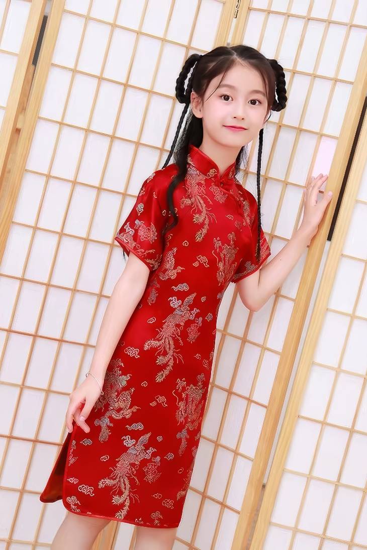 Vestido Chino Tradicional para Niña con Motivos de Dragon y Fenix Mangas Cortas
